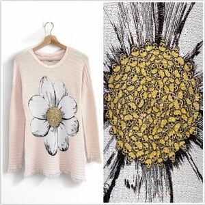 Lauren Moshi Daisy Skull Knit Top Long Sleeve Fringe Trim Tunic Cream Small Y2K